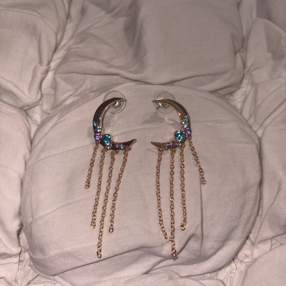 🌙✨ Whimsigoth Gold Crescent Moon Jeweled Tassel Earrings